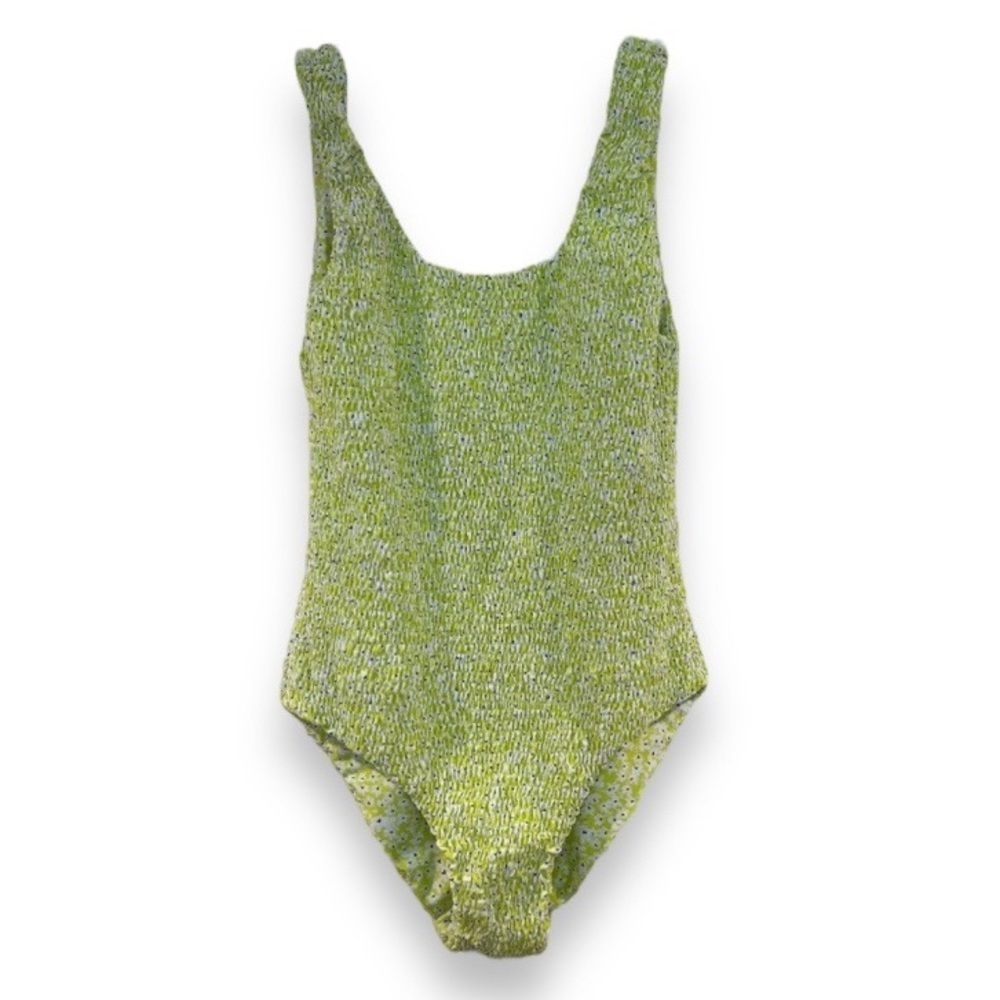 Aila Blue Neon Green Smocked Floral Resortwear Scoop Back One Piece Swimsuit XS